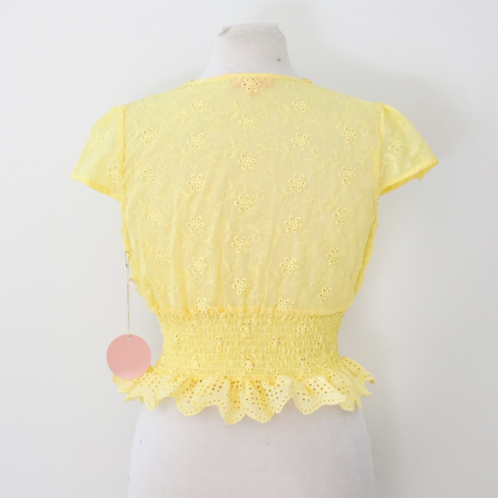 NWT Rose and Grey Yellow Eyelet Floral Lace Top Smocked Waist Sheer Size Medium - Picture 2 of 7